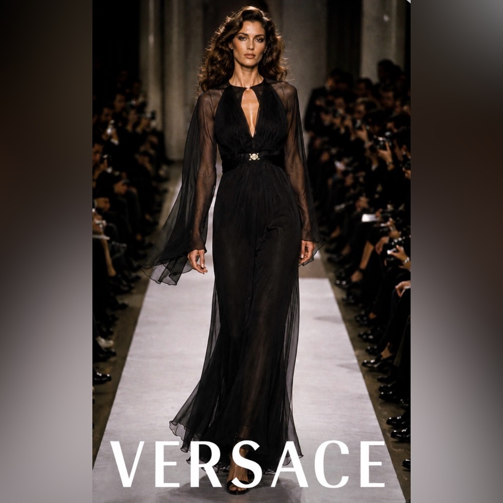 Versace 2000 90s Y2k Silk Black Long Evening Dress Gown Bell Sleeve 44/ 8